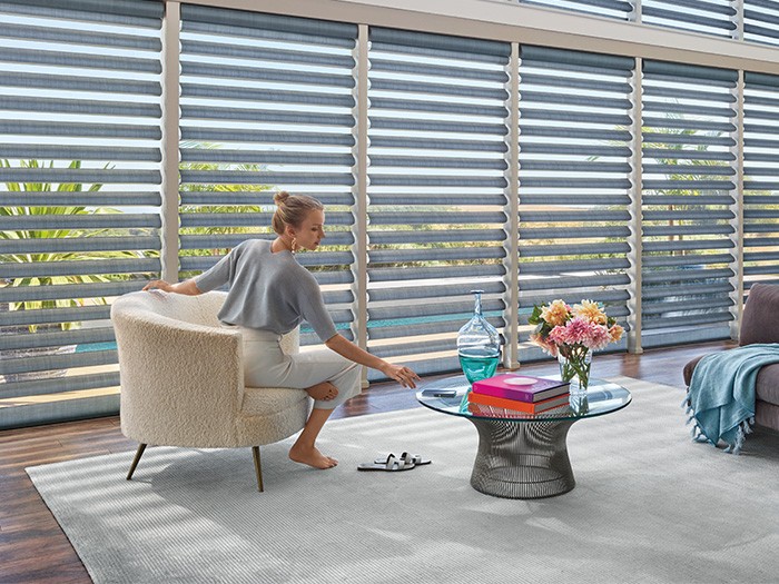 Piroutte® Window Shadings with PowerView Automation; Fabric: ClearView® Satin  Color: Luxe
