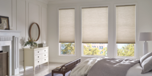 Stylish Hunter Douglas cellular shades as bedroom window shades in a bright and airy interior
