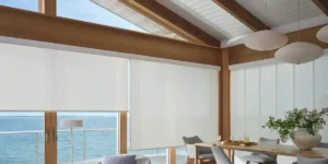 Hunter Douglas Designer Solar Shades as sunroom window treatments in a space overlooking water